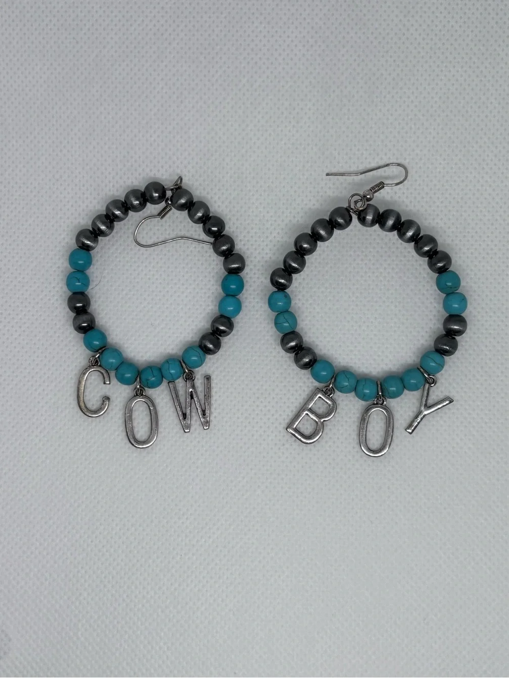 Cowboy Beaded Hoop Earrings with Turquoise and Hematite Beads